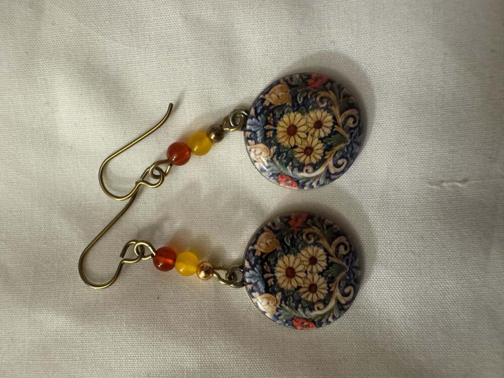 Round Floral Enamel Drop Earrings with Beaded Accents and Gold-Tone Hooks